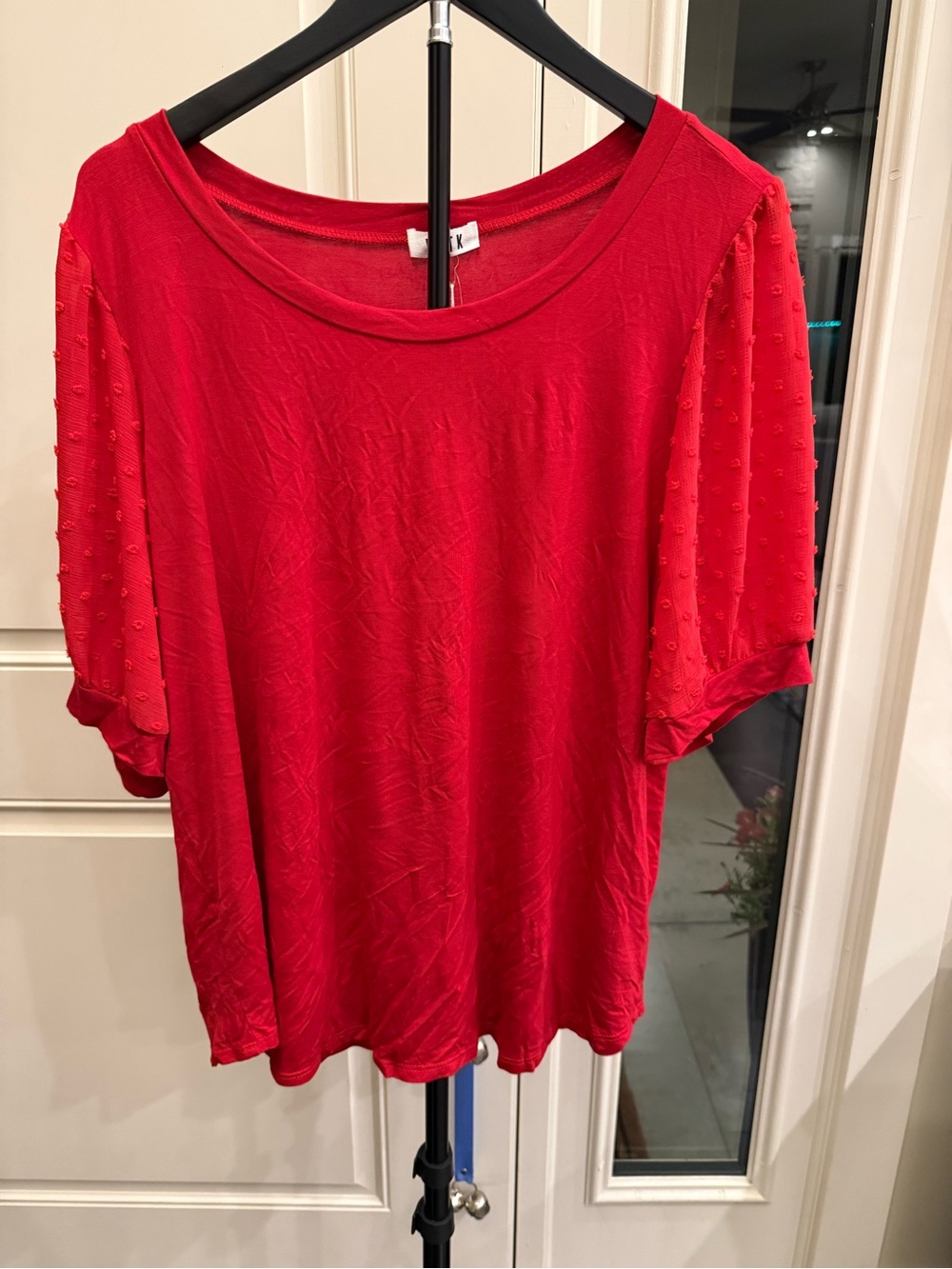 Textured Sleeve Red Scoop-Neck Blouse
